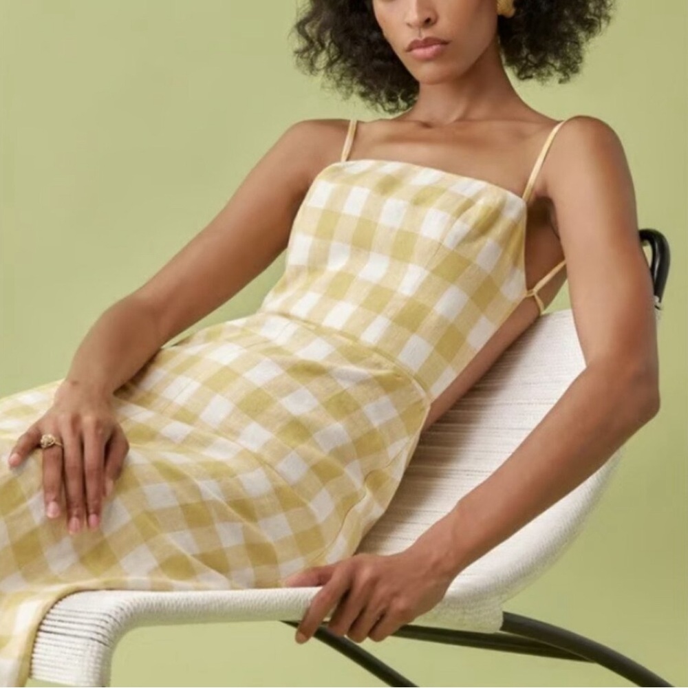Reformation Nia Organic Linen Dandelion Yellow Gingham Midi Dress Sz 2 Like New
